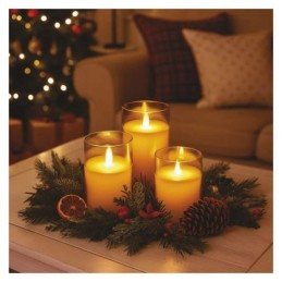 Dekoratyvinė LED vaškinė žvakė stiklo indelyje, 3 vnt. / 6xAA / šilta balta / laikmatis