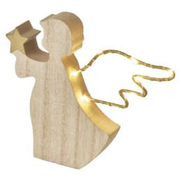 LED angelas, pagamintas iš medžio, 13 cm / 2xAAA / šilta balta šviesa / laikmatis / skirtas naudoti patalpose