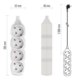 Pailginimo laidas 2 m / 4 lizdai / baltas / PVC / 1 mm2