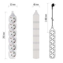 Pailginimo laidas 1,4 m / 6 lizdai / baltas / PVC / 1 mm2