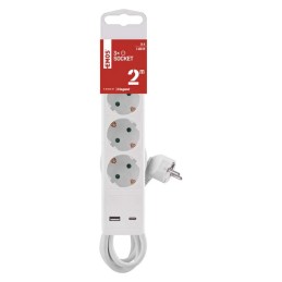 Pikendusjuhe 2 m / 3 pistikupesa / lüliti / valge / 1× USB-A + 1× USB-C / 1,5 mm2