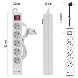 Pikendusjuhe 3 m / 5 pistikupesa / lüliti / valge / 1× USB-A + 1× USB-C / 1,5 mm2