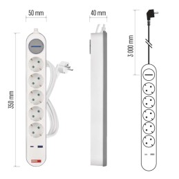 Pailginimo laidas 3 m / 5 lizdai / jungiklis / baltos-pilkos spalvos / 1×USB-A + 1×USB-C / 1,5 mm2