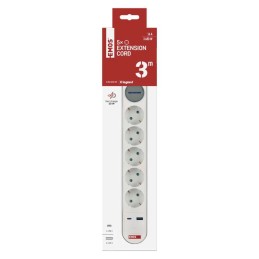 Pikendusjuhe 3 m / 5 pistikupesa / lüliti / valge-hall / 1×USB-A + 1×USB-C / 1,5 mm2