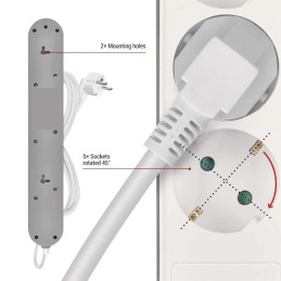 Pailginimo laidas 3 m / 5 lizdai / jungiklis / baltos-pilkos spalvos / 1×USB-A + 1×USB-C / 1,5 mm2