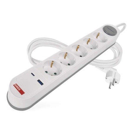 Pikendusjuhe 3 m / 5 pistikupesa / lüliti / valge-hall / 1×USB-A + 1×USB-C / 1,5 mm2