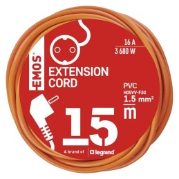 Pailginimo laidas 15 m / 1 lizdas / oranžinis / PVC / 1,5 mm²