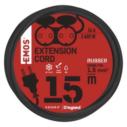 Pailginimo laidas 15 m / 2 lizdai / juodas / guminis / 250 V / 1,5 mm²