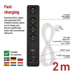 Умный удлинитель 2 м / 4 розетки / выключатель / с USB / бело-черный / ПВХ / 1,5 мм2