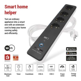 Smart extension cord 2 m / 4 sockets / switch / with USB / white-black / PVC / 1.5 mm2