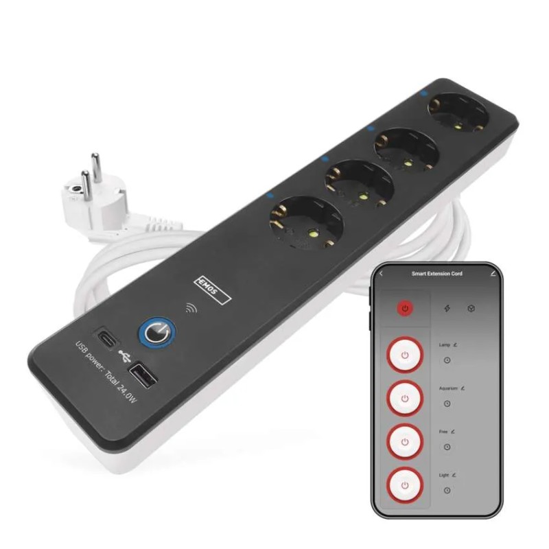 Smart extension cord 2 m / 4 sockets / switch / with USB / white-black / PVC / 1.5 mm2