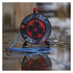 Ilmastiku- ja veekindel pikendusjuhe trumlil 25 m / 4 pistikupesa / sinine / PVC / 230 V / 1,5 mm2