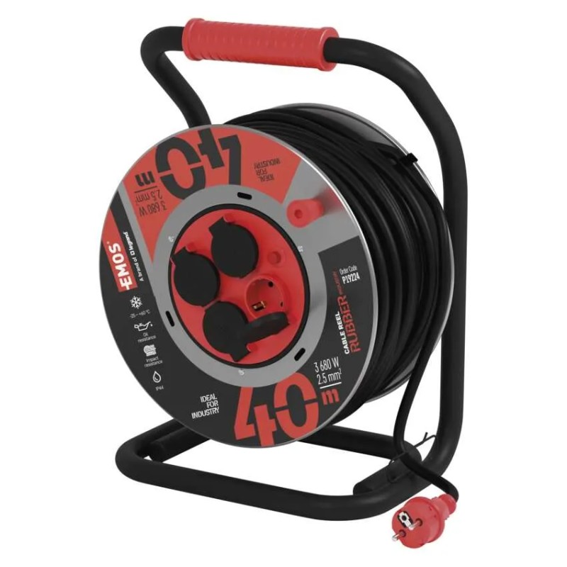 Guminis prailginimo laidas ant metalinės ritės, 40 m, 4 lizdai, 2,5 mm