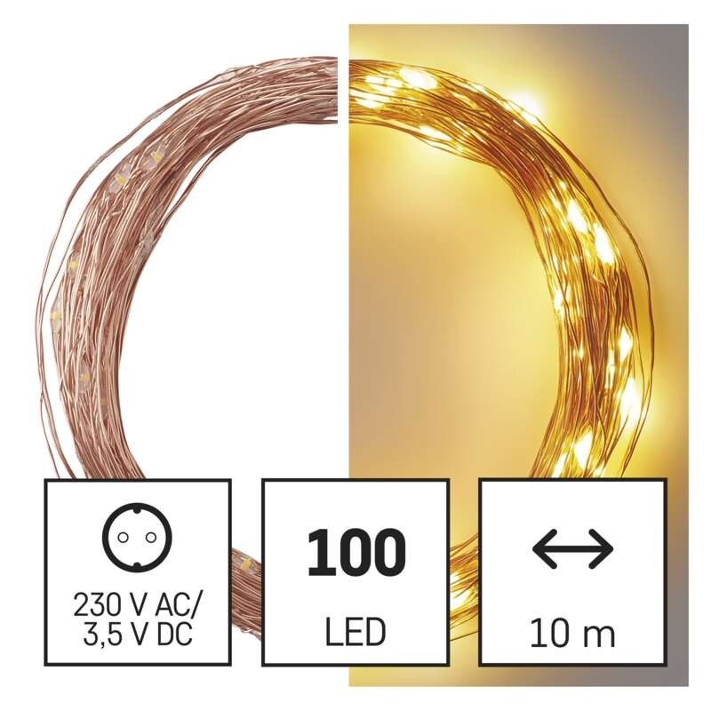 LED šviesos grandinė nano viela 10 m šilta IP44, įjungimo/išjungimo laikmatis