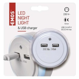 LED-yövalo 230V, 2xUSB, 4lm, valotunnistin, kytkin