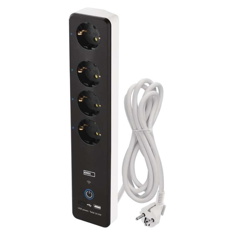 Išmanusis prailginimo laidas EMOS 2 m, 4 lizdų jungiklis USB WiFi