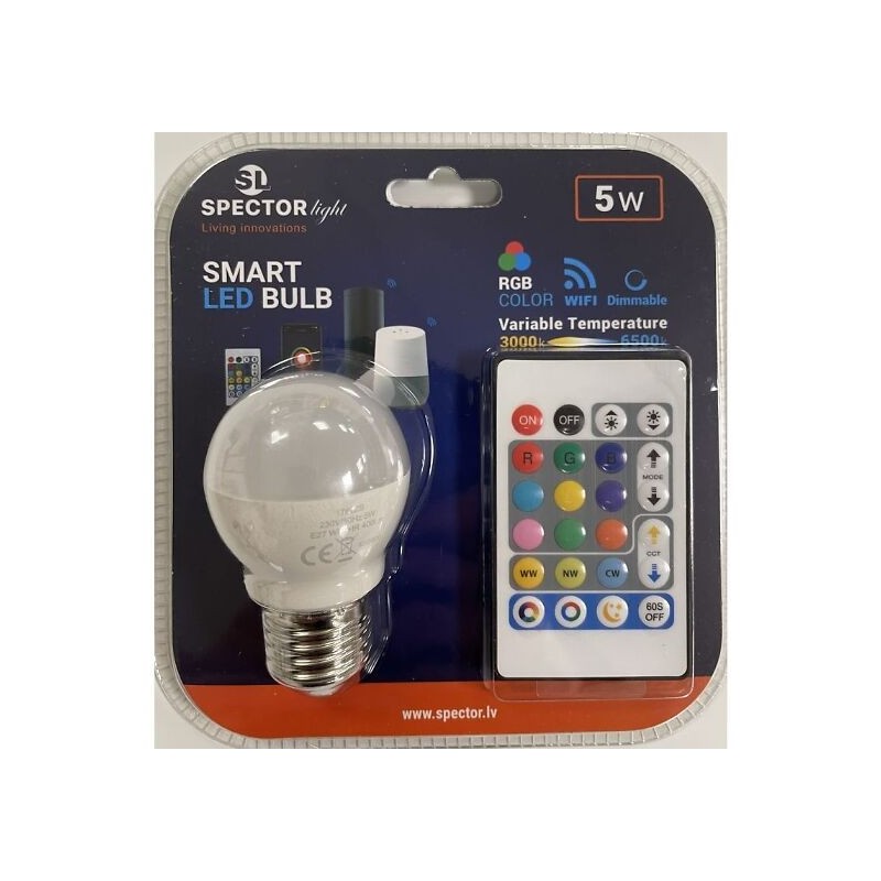 Išmanioji RGB LED lemputė su nuotolinio valdymo pultu, WiFi, G45, E27, 5 W, 480 lm