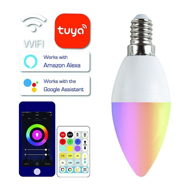 LED-lamppu kaukosäätimellä TUYA WiFi E14 5W 400LM RGBW DIM CCT kynttilä