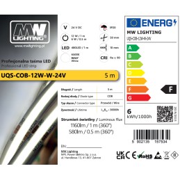 Profesionali LED juosta COB 12 W/m 24 V, šalta 6500 K