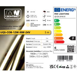 Professional COB LED strip, 12W, 24V, neutral white, 4000K, IP20, 5m