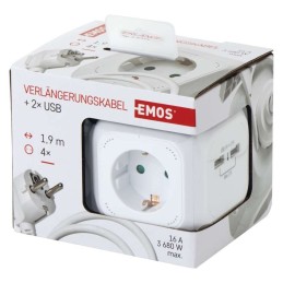 Pailginimo laido adapteris, kubas, 2x USB, 4x lizdas, 1,9 m SCHUKO