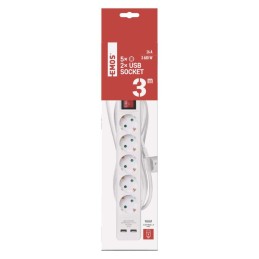 Extension Cord 3 m / 5 sockets / switch / white / PVC / with USB / 1.5 mm2