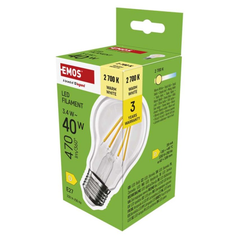 LED bulb filament A60 E27 3.4 W 470 lm warm white