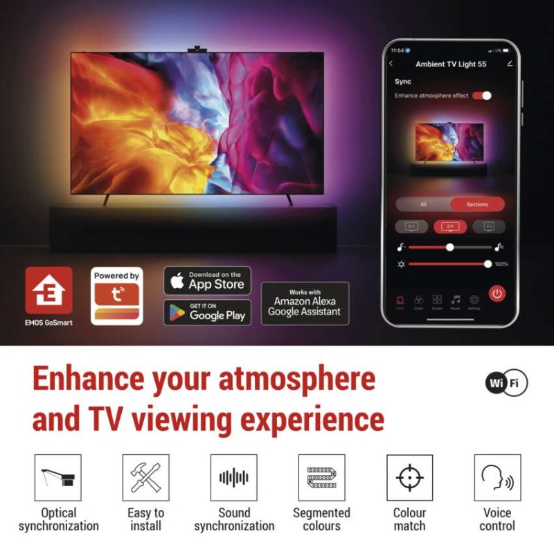LED aplinkos RGB apšvietimas TV 55 (139 cm) EMOS GoSmart WiFi