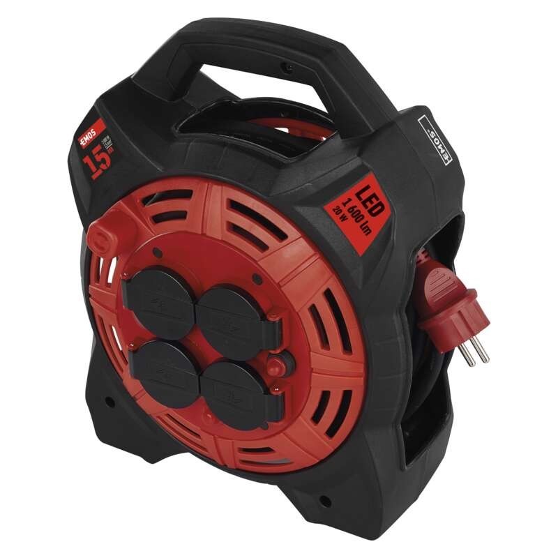 Guminis prailginimo laidas ant ritės su LED lempute, 4 lizdais, 15 m